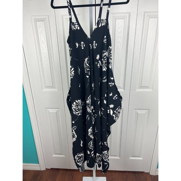 Jumpsuit M/L Boho Lagenlook Baggy Harem Adjustable Spaghetti Strap Black Floral - Picture 8 of 8